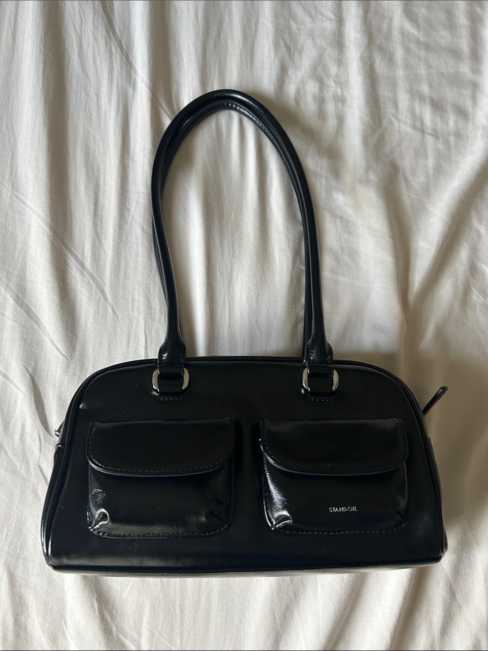 Sleek Black Patent Shoulder Bag with Dual Front Pockets